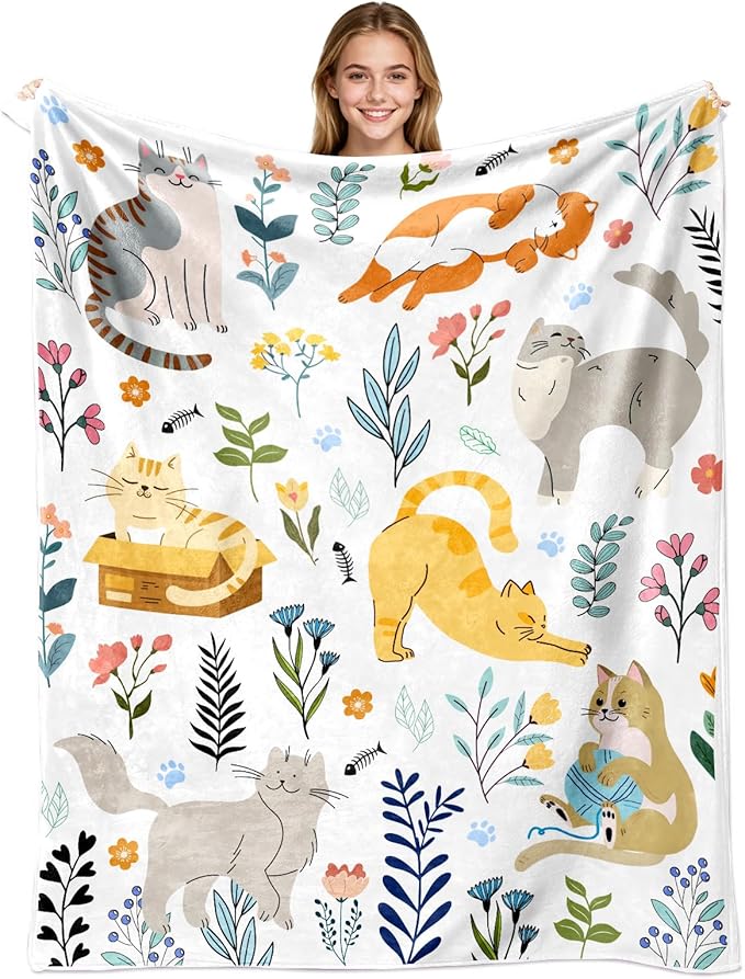 Cat Blanket Gifts for Women Girls Soft Flannel Cats Throw Blanket Merch Stuff for Cat Lovers 60"X 50"