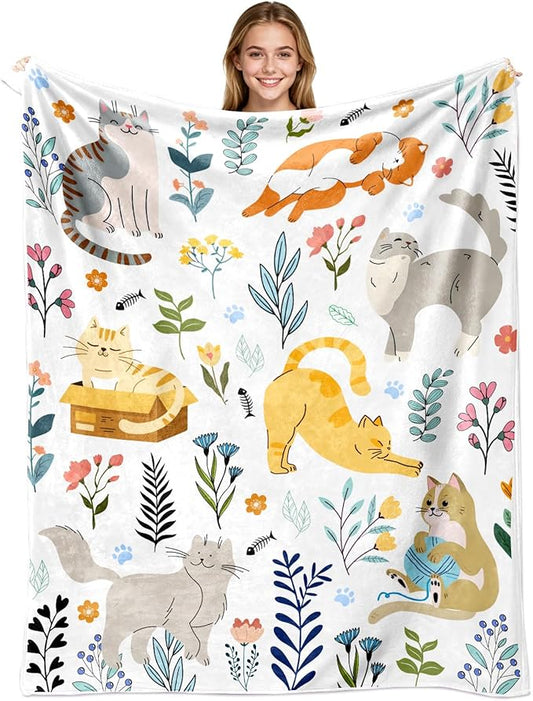 Cat Blanket Gifts for Women Girls Soft Flannel Cats Throw Blanket Merch Stuff for Cat Lovers 60"X 50"