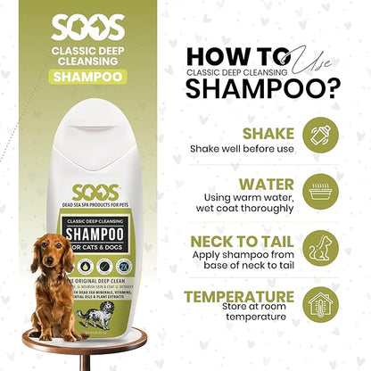 Soos Pets Dog Shampoo for Cats and Pets Natural Dead Sea Classic Deep Cleansing Fast Absorbing Coat with Vitamins Minerals Essential Oils Natural Ingredients Antib-acterial - 1x Pet Shampoo (250ml)