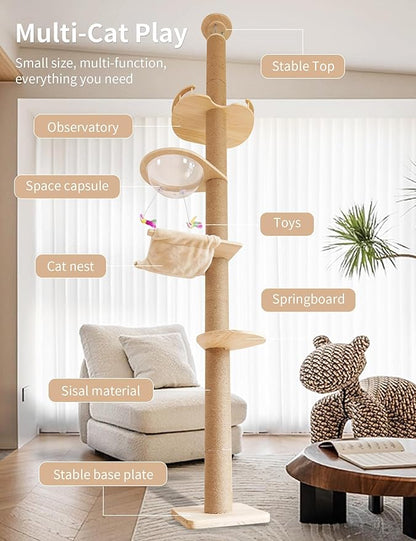 Floor-to-Ceiling Cat Tree with Natural Sisal Rope Scratching Post - Adjustable Height (55-119 Inches) - Modern Cat Activity Tree, Cat Scratcher Post