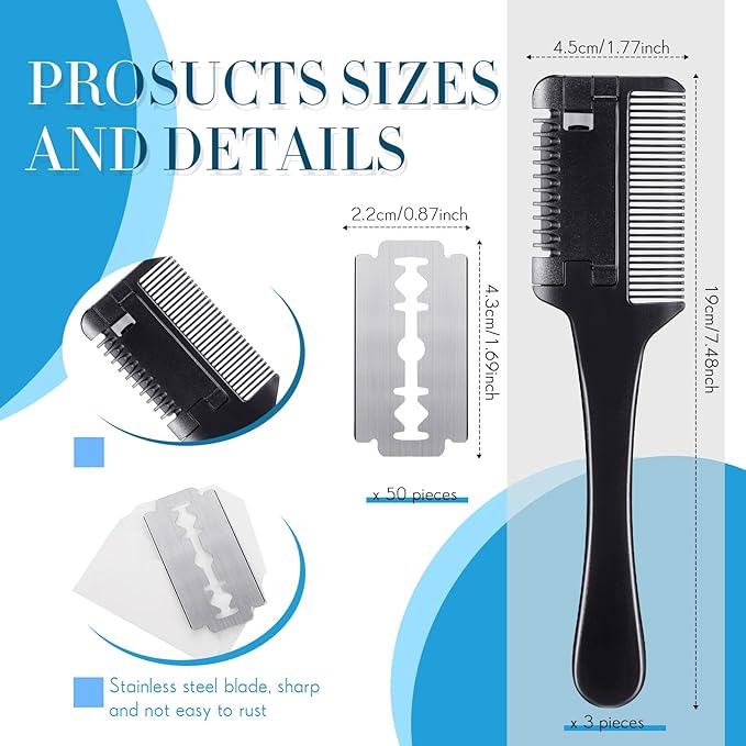 3 Pcs Pet Grooming Razor Comb with 50 Replacement Blades - Double Sided Hair Trimmer, Cutter and Scissors Tool for Dogs and Cats(Black)