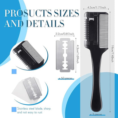 3 Pcs Pet Grooming Razor Comb with 50 Replacement Blades - Double Sided Hair Trimmer, Cutter and Scissors Tool for Dogs and Cats(Black)