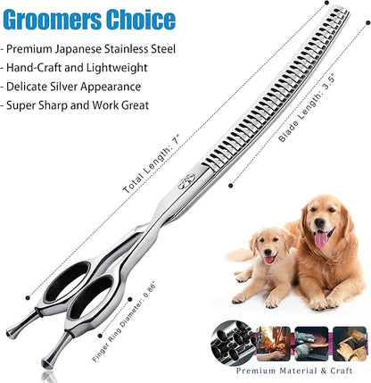 7" Upward Curved Dog Chunker Thinning Scissors Silver Dog Grooming Scissors Professional Blending Texturizing Trimming Shears for Dog Cat Pet Japanese Stainless