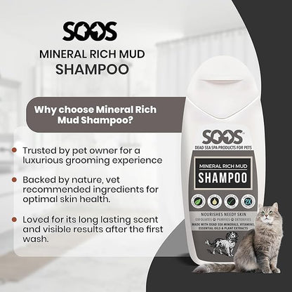 Soos Pet Dog Shampoo for Cats and Pets Mineral Rich Mud Natural Dead Sea Cruelty Free Fast Absorbing Skin Cooling First Aid Antib-acterial and Antif-ungal Odor Remover - 1x 250ml