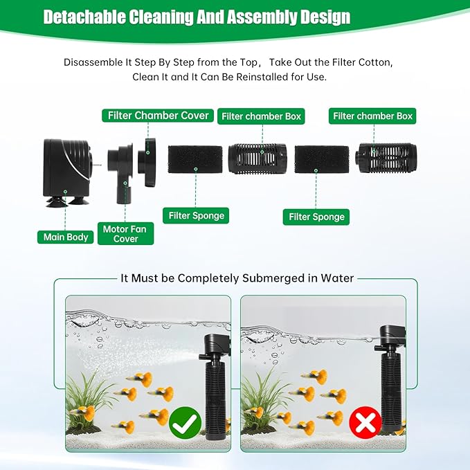 20W Submersible Aquarium Filter for 50–120 Gallon Fish Tanks, Quiet Operation Internal Pump, Energy Efficient, Easy to Install & Maintain, for Freshwater or Saltwater, Comes with Sponge Filter