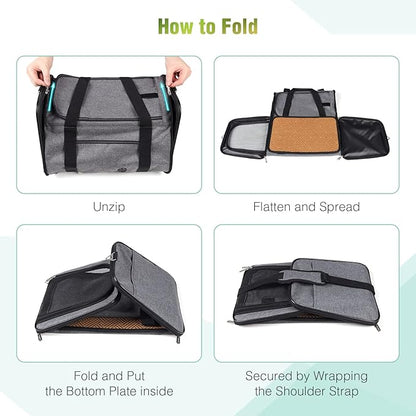 YUDODO 25 lbs Lightproof Pet Carriers Airline Approved Dog Cat Travel Soft Sided Carrier Reflective Mesh Safe Pet Cat Carrier Foldable Portable Small Animal Rabbit Puppy Cat Carrier Grey Green