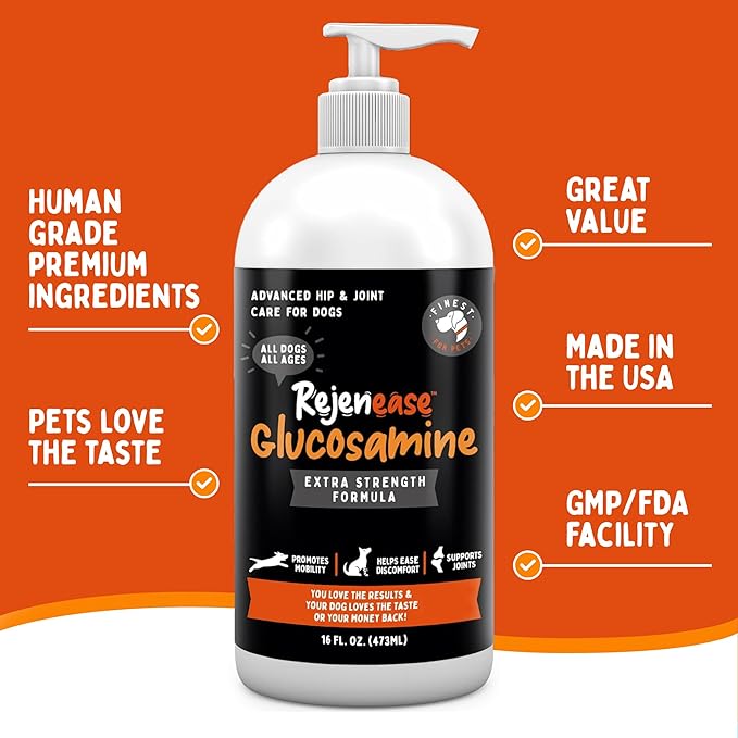 Premium Liquid Glucosamine Hip and Joint Supplement for Dogs - Fast Natural Arthritis Pain Relief and Better Mobility - Extra Strength with Chondroitin MSM and Hyaluronic Acid. Made in USA 16oz.