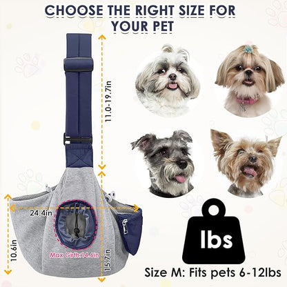 SlowTon Dog Carrier Sling - Puppy Carrier with Window and Storage Pocket Fits up to 12lbs, Dog Sling with Thick Adjustable Shoulder Strap and Safety Leash, Pet Carrier Bag for Small Dogs Cats(Blue M)