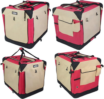 EliteField 4-Door Folding Soft Dog Crate with Curtains, Carrying Bag and Fleece Bed (2 Year Warranty), Indoor & Outdoor Pet Home (24" L x 18" W x 21" H, Red+Beige)
