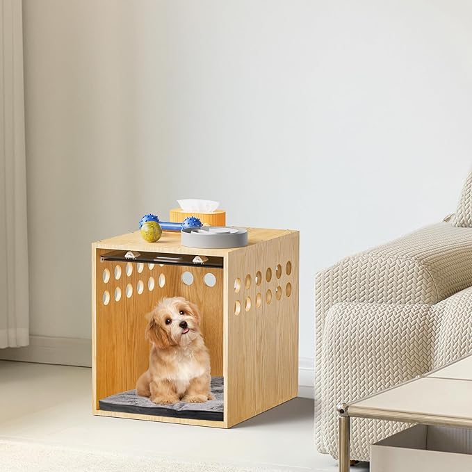 Dog Crate Furniture, SAUCE ZHAN Dog Kennel with Cushion for Small/Medium Dogs, End Side Table Wooden Crate for Pets Indoor, Wood Color