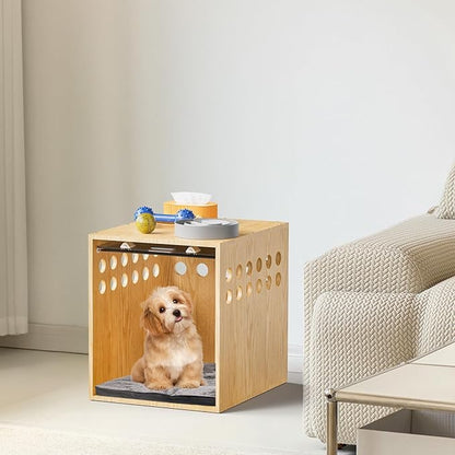 Dog Crate Furniture, SAUCE ZHAN Dog Kennel with Cushion for Small/Medium Dogs, End Side Table Wooden Crate for Pets Indoor, Wood Color