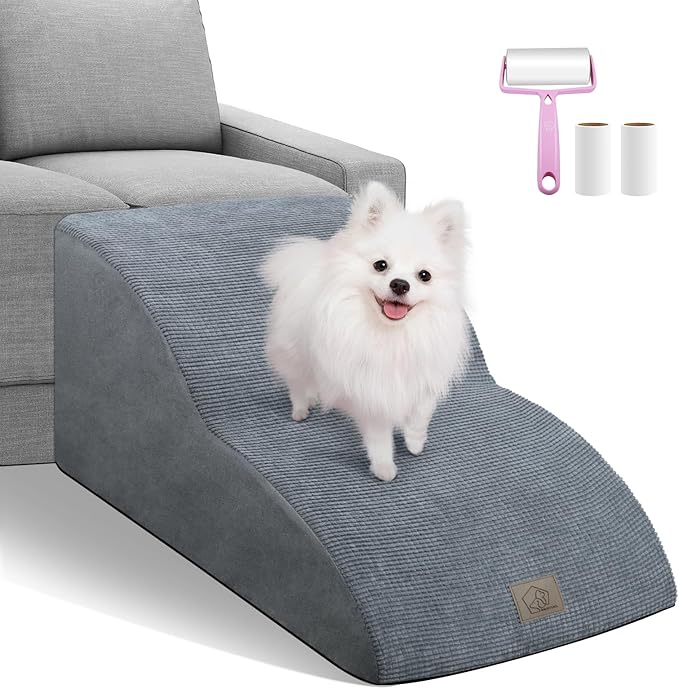 Mestuel Extended Dog Stairs Steps for Couch Sofa Bed, 2 Steps Dog Stairs Ramp for Small Old Joint Injury Dogs Cats Easy Access, Pet Stairs with High Density Foam& Nonslip Bottom, Lint Roller, Gray