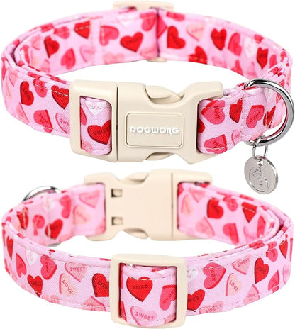 DOGWONG Valentine's Dog Collar - Pink Heart Adjustable Cotton Heart Dog Collar - Perfect for Small to Medium Dogs