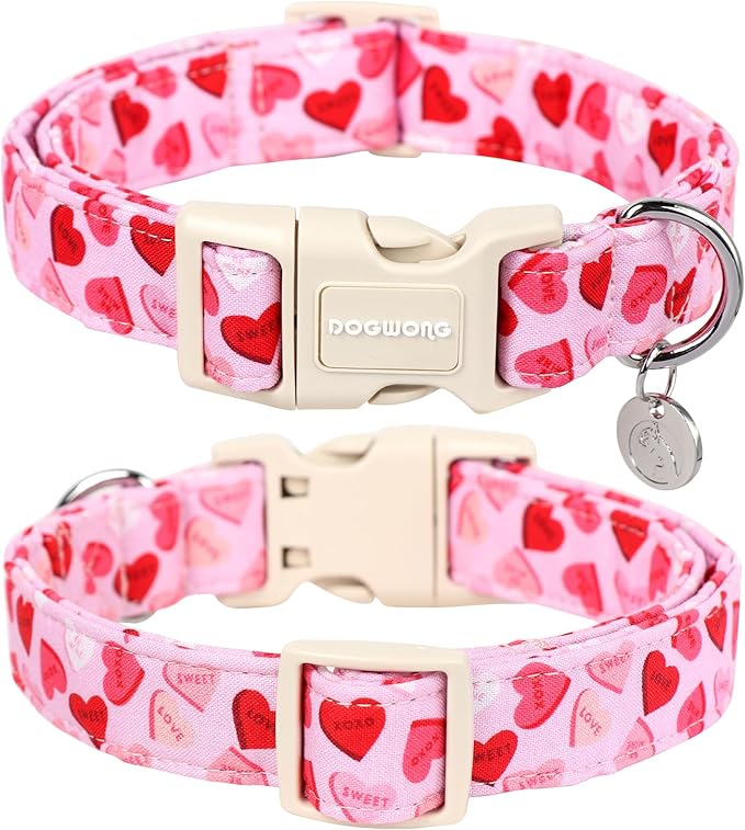 DOGWONG Valentine's Dog Collar - Pink Heart Adjustable Cotton Heart Dog Collar - Perfect for Large Dogs