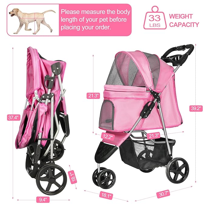 Dog Stroller for Small Dogs, Portable Pet Stroller for Cats Folding Puppy Stroller Lightweight Dog Cat Cage Jogger Stroller with Storage Basket and Cup Holder, 3 Wheels, Pink