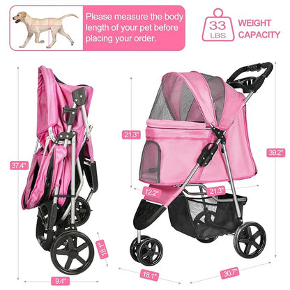 Dog Stroller for Small Dogs, Portable Pet Stroller for Cats Folding Puppy Stroller Lightweight Dog Cat Cage Jogger Stroller with Storage Basket and Cup Holder, 3 Wheels, Pink