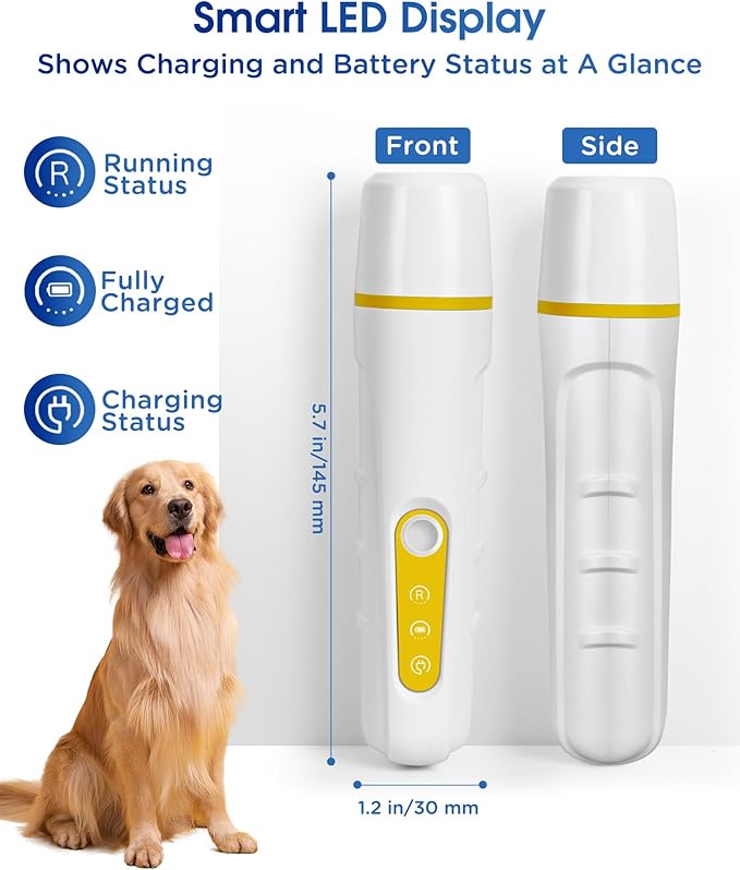 Dog Nail Grinder with Enhanced LED Light  Super Quiet, 2-Speed, USB-C Rechargeable, LED Smart Display, 3 Grinding Options, Pet Nail Trimmer for Dogs Cats and All Pet Sizes