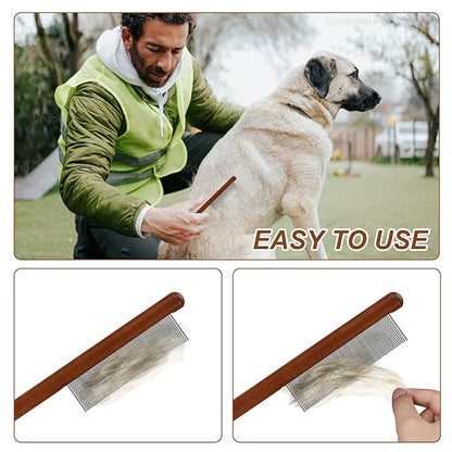 2pcs Grooming Comb for Pets, Solid Wood Cat Combs with Narrow Rounded-Tip Steel Teeth Pet Hair Comb Metal Flea Lice Comb for Cats Dogs Small & Medium Pets Tangled Hair