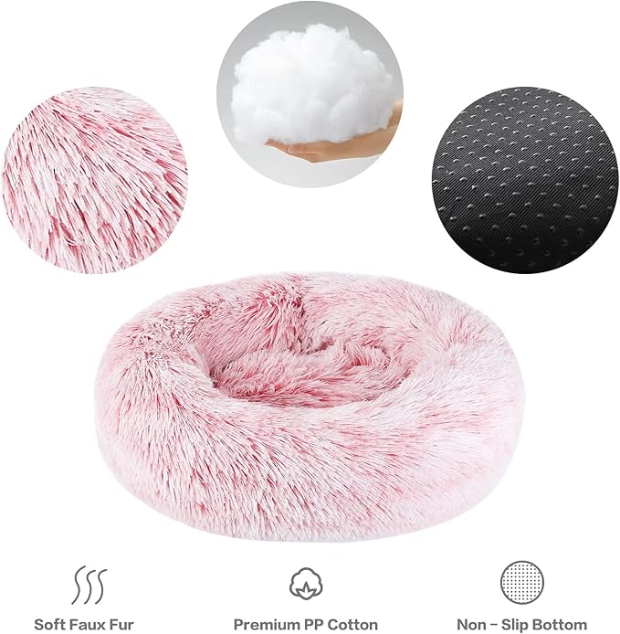 NOYAL Calming Donut Dog Bed for Small to Medium Dogs & Cats - Plush Faux Fur Anti-Anxiety Pet Bed with Machine Washable Cover & Non-Slip Base