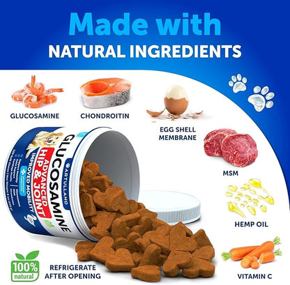 Glucosamine for Dogs - Hip and Joint Supplement for Dogs with Arthritis - Chews with Chondroitin, Hemp Oil, MSM - Canine Joint Pain Relief Health - Mobility Support for Large Breeds - 120 Soft Treats