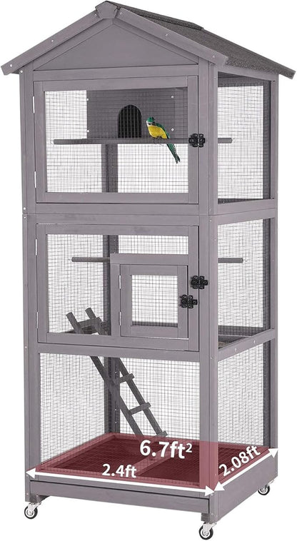 Aivituvin Outdoor Bird Cage Large Wooden Bird Aviary with Perch for Parakeet,Macaw and Any Small Birds,Wire Netting Above The Tray,Prevent Escape