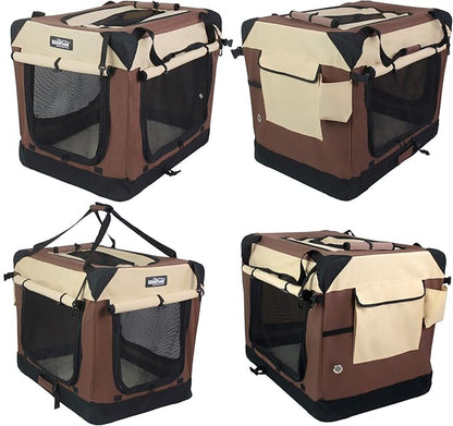 EliteField 4-Door Folding Soft Dog Crate with Curtains, Carrying Bag and Fleece Bed (2 Year Warranty), Indoor & Outdoor Pet Home (24" L x 18" W x 21" H, Brown+Beige)