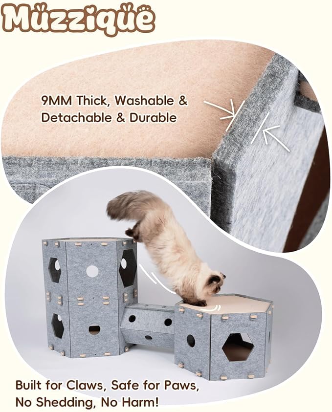 Cat Play House for Indoor Cats & Small Dogs, Muzzique Expandable Modular Felt Pet Tunnel Castle, Large Scratch Kitten Condo, Stackable Kitty Cave Platform, Sleeping Puppy Bed, XL Nest with Hair Brush