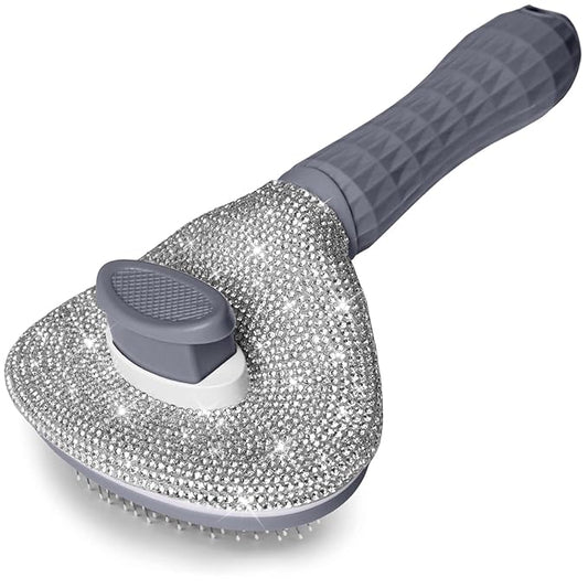 Full Diamonds Self Cleaning Slicker Brush for Dogs & Cats, Skin Friendly Grooming Cat Brush, Dog Brush for Shedding, Deshedding Brush, Hair Brush Rhinstones Brush for Haired Pets,Grey
