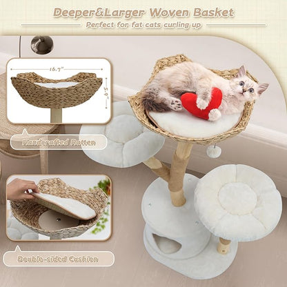 Modern Cat Tree Tower, Solid Wood Multi-Level w/ 2 Flower Perches, Scratching Post, Hanging Ball - Luxury Boho Cat Furniture w/Condo & Wicker Basket for Indoor Cats