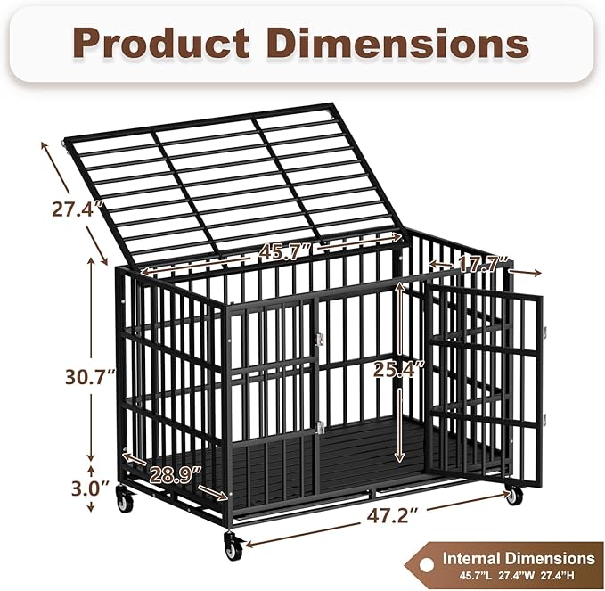 48 Inch Heavy Duty Dog Crate with Wheelsï¼_ndestructible Escape-Proof Dog Cage for Large Dogs, Extra Large XL XXL Indestructible Dog Crate with Removable Tray.