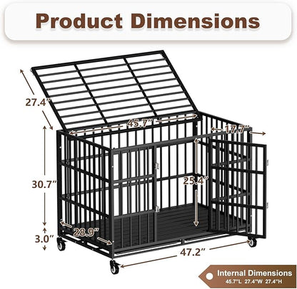 48 Inch Heavy Duty Dog Crate with Wheelsï¼_ndestructible Escape-Proof Dog Cage for Large Dogs, Extra Large XL XXL Indestructible Dog Crate with Removable Tray.