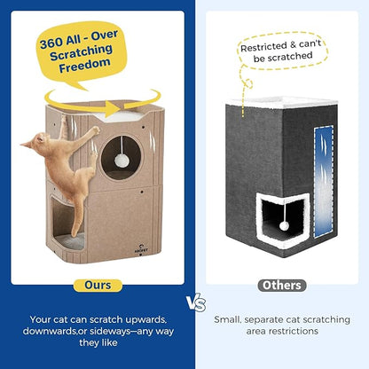 Cat House for Indoor Cats Large Cat Bed Cave 2-Storey Cats Condo with Cozy Felt Covered Hideaway for Multiple Pets Beige