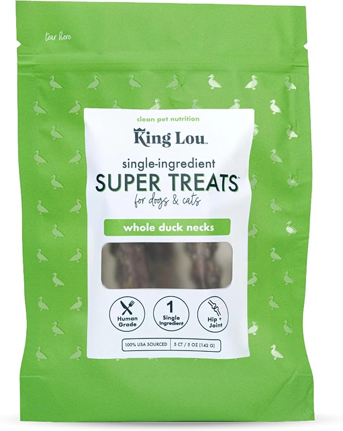 King Lou Pets - Whole Duck Necks for Dogs and Cats - Single Ingredient Dog Treat - Dehydrated Cat Treats - USA-Made Dog and Cat Treats - Supports Hip and Joint Health - 5 Count