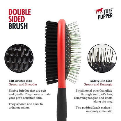 Tuff Pupper Double Sided Dog Brush, Detangling Tool for Dogs and Cats, Pin & Bristle Pet Brush, for and Hair Types, With Comfort-Grip Anti-Slip Handle, Brown, Black, White