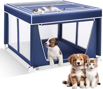 Dog Playpen 42 _ 42 Inch,Breathable Puppy PlayPen with Gate and Removable Cover,Thickened Oxford Fabric Dog Play Pen for Indoor & Outdoor,Safe and Sturdy Pet Fence(Blue White)