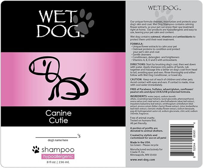 Wet Dog Canine Cutie All-Natural Organic Oatmeal Sensitive Skin Shampoo for Dogs and Pets, Moisturizing, Detangling, Deshedding, Hypoallergenic