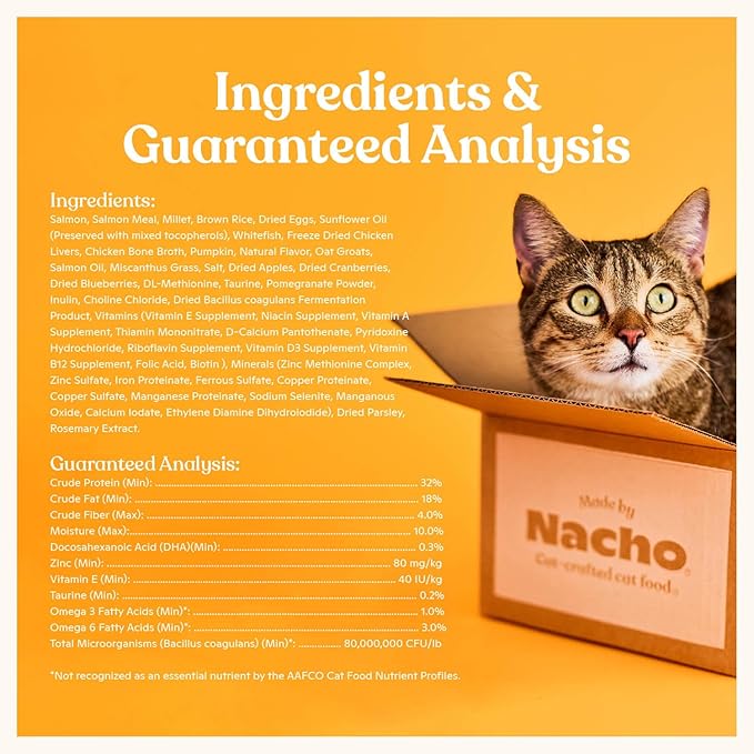 Made by Nacho Dry Cat Kibble 4lb Bag, High Protein Premium Cat Food with Freeze Dried Pieces, Sustainably-Caught Salmon, Whitefish & Pumpkin, Limited Ingredients, Single Bag