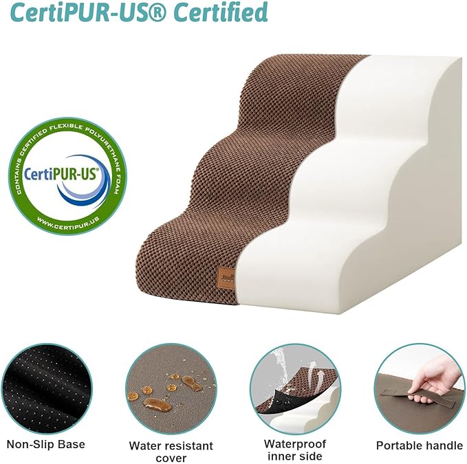 Dog Stairs for Small Dogs, Curved Pet Step with Leakproof Cover, High Density Foam Cat Ramp for Bed or Sofa, Lightweight, Durable, Comfort, 15.7x22.4x15.7 inch, 3 Tiers, Brown