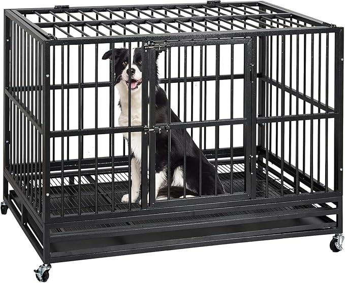 48  Heavy Duty Dog Crate, Cage Kennel with Wheels&Brakes, High Anxiety Indestructible, Sturdy Locks Design, Double Door and Removable Tray, for Large Pets