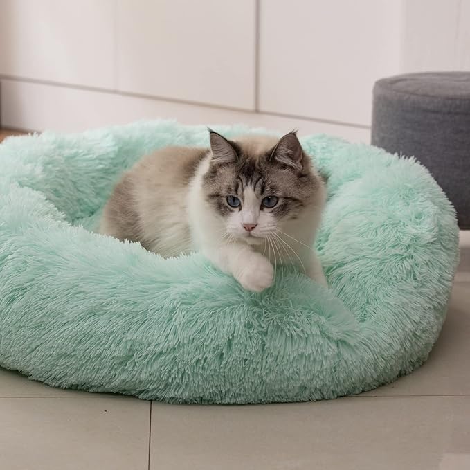 Anti Anxiety Round Fluffy Plush Faux Fur Warm Washable Dog Bed & Cat Bed, Original Bed for Small Medium Large Pets,Used to Relieve Joints and Improve Sleepï¼20"/24"/27''ï¼ (27", Light Green)