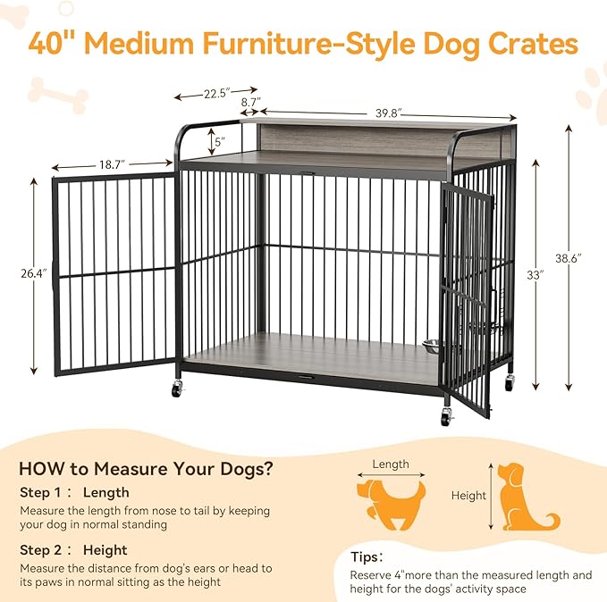 IDEALHOUSE Dog Crate Furniture, 39.8" L X 22.5" W X 38.6" H,Dog Crate Indoor with Adjustable Height Bowls, Wooden Heavy Duty, 39.8 Inch Dog Kennel Furniture for Medium Dogs,Grey