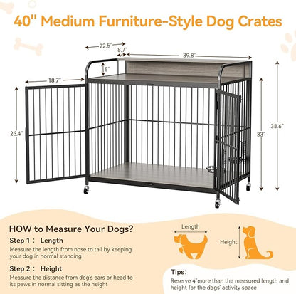 39.8" L X 22.5" W X 38.6" H Dog Crate Furniture, Dog Crate Indoor with Adjustable Height Bowls, Wooden Heavy Duty, 39.8 Inch Dog Kennel Furniture for Medium Dogs,Grey