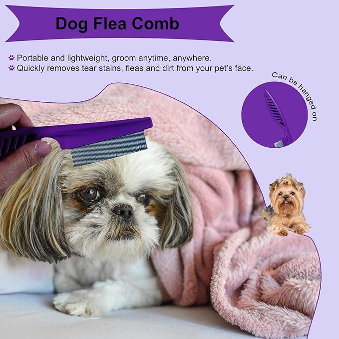 3 PCS Puppy Brush Grooming Kit, Stainless Steel Flea Comb, Fit for Yorkie, Shih Tzu, Maltipoo, Soft Bristle (Dark Purple)
