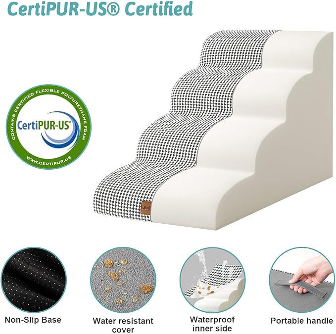 Dog Stairs for Small Dogs 19.7" H, Pet Step with Leakproof Cover, High Density Foam Cat Ramp for Bed, Couch or Sofa, Lightweight, Durable, Comfort, 15.7x28.3x19.7 inch, 4 Tiers, White Black