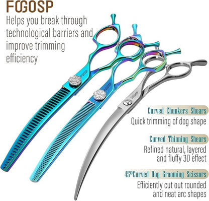 45°Curved Dog Grooming Scissors Curved Thinning Shears Curved Chunkers Dog Shears 3Pcs Combo (Turquoise)