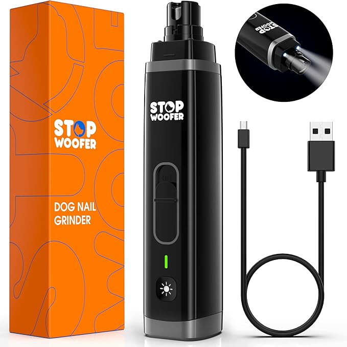 STOPWOOFER Dog Nail Grinder with 2 LED Light for Small Medium Large Dogs - New Version 2-Speed Powerful Electric Pet Nail Trimmer Quiet Painless Paws Grooming - Rechargeable Pet Nail Grinder for Dogs