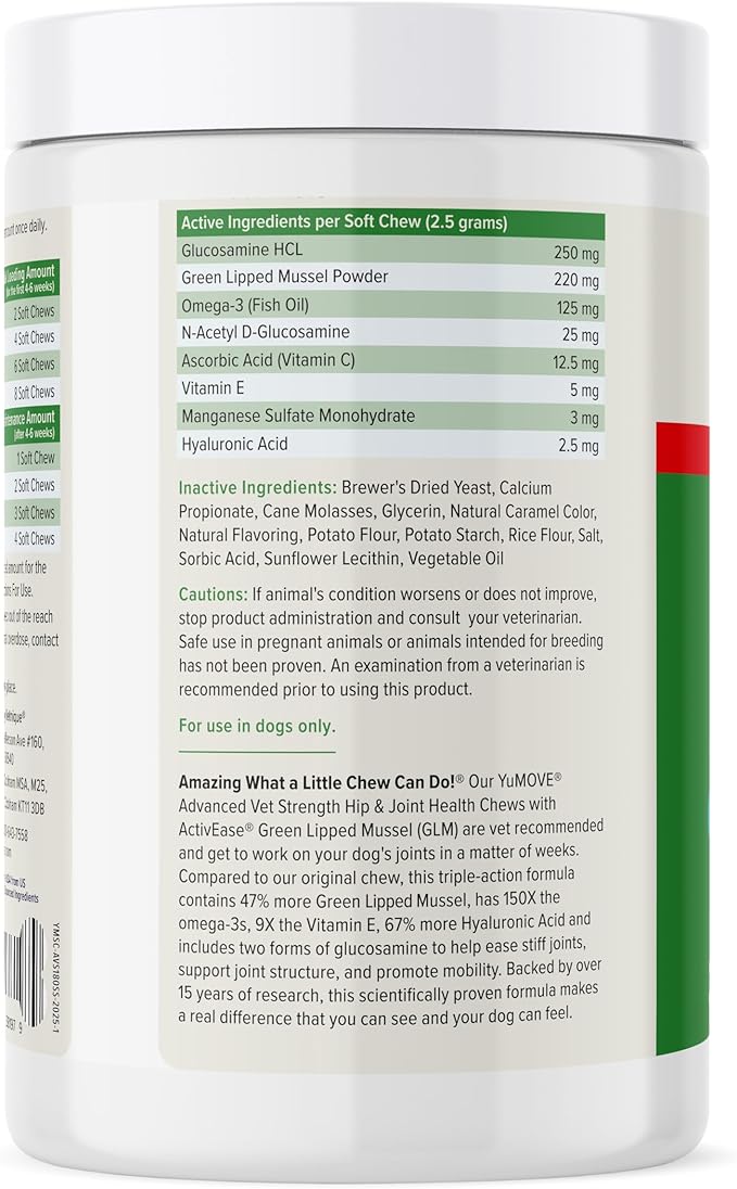 Yumove Hip & Joint Supplement for Dogs with Glucosamine, Hyaluronic Acid, Green Lipped Mussel & Omega 3 Joint Supplement - Regular or Advanced Strength (180ct, Advanced Vet Strength Soft Chews)