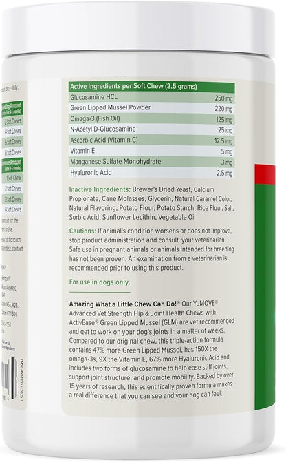 Yumove Hip & Joint Supplement for Dogs with Glucosamine, Hyaluronic Acid, Green Lipped Mussel & Omega 3 Joint Supplement - Regular or Advanced Strength (180ct, Advanced Vet Strength Soft Chews)