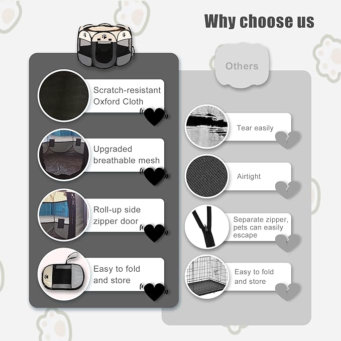 Portable Dog Playpen, Pet Play Pen for Indoor Outdoor Cat, Kitten/Puppy Exercise Playpen Tent Birthing Box, Waterproof Travel Dog Kennel Camping Cage for Small Medium Dog Animal House (Grey)