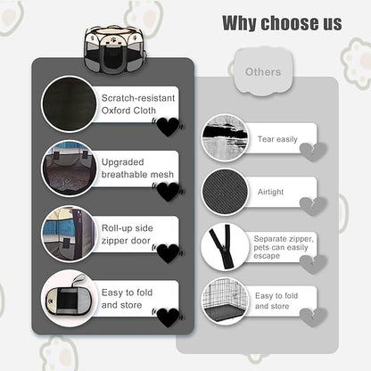 Portable Dog Playpen, Pet Play Pen for Indoor Outdoor Cat, Kitten/Puppy Exercise Playpen Tent Birthing Box, Waterproof Travel Dog Kennel Camping Cage for Small Medium Dog Animal House (Grey)